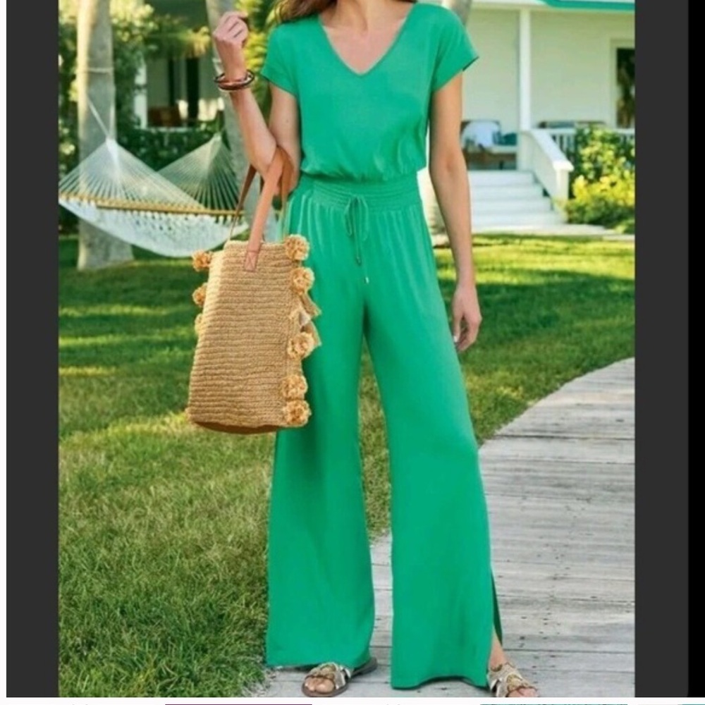 Soft Surroundings Caspian Jersey Jumpsuit Vivid Green size Large New with tags